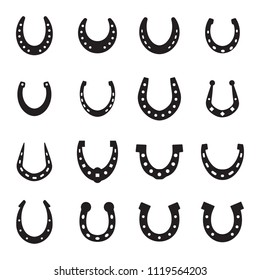 Set of horseshoe vector icon isolated on white background. Horse shoe silhouette as international good luck symbol. Fortune and success sign collection