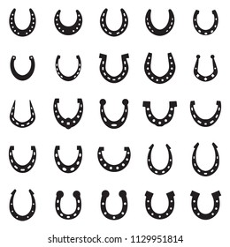 Set of horseshoe vector icon isolated on white background. Horse shoe silhouette as international good luck symbol. Fortune and success sign collection