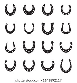 Set of horseshoe vector icon isolated on white background. Horse shoe silhouette as international good luck symbol. Fortune and success sign collection