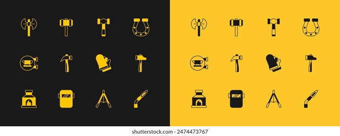 Conjunto de herradura, máscara de soldadura, guantes protectores, fuelles de soplador de aire, martillo, palo medieval e icono de martillo. Vector