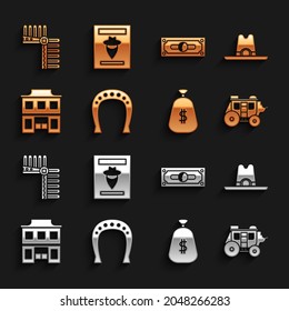 Set Horseshoe, Western cowboy hat, stagecoach, Money bag, Wild west saloon, Stacks paper money cash, Indian headdress with feathers and Wanted western poster icon. Vector