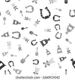 Set Horseshoe, Windmill, Bag of flour and Shovel on seamless pattern. Vector