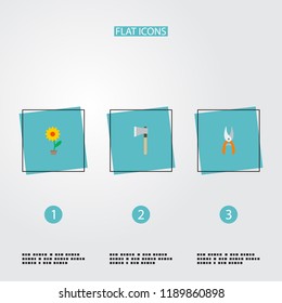 Set of horticulture icons flat style symbols with scissors, plant pot, hatchet and other icons for your web mobile app logo design.