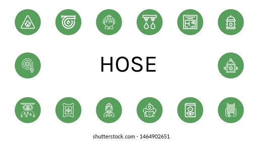 Set of hose icons such as Fire sign, Hose, Firefighter, Irrigation system, Evacuation plan, Hydrant, Sprinkler, Seeds, Gardening, Fire hose, Fire hydrant ,