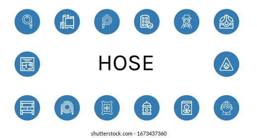 Set of hose icons. Such as Water hose, Pesticide, House on fire, Gardener, Seed, Potting bench, Hose, Seeds, Hydrant, Gardening, Firefighter, Evacuation plan, Fire sign , icons