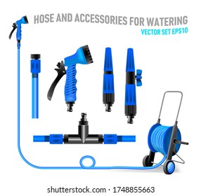 Set Of Hose Pipe Holds The Garden Watering Yellow And Blue Irrigation, Water Spray Gun, Plastic Sprayer Vector, Nozzles Different Nozzles And Reel For Watering