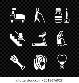 Cama de hospital, palo de sujeción humano ciego, jeringa, pierna de prótesis, audífono, implante dental, ascensor para discapacitados e icono de máquina de cinta rodante. Vector