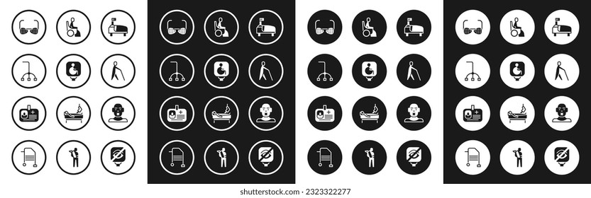 Set Hospital bed, Disabled wheelchair, Walking stick cane, Blind glasses, human holding, Woman, Head of deaf and dumb and Identification badge icon. Vector