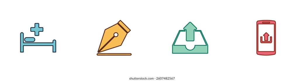 Set Hospital bed, Fountain pen nib, Upload inbox and Smartphone with upload icon. Vector