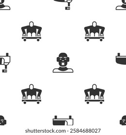 Set Hospital bed, Head of deaf and dumb and Man without legs sitting wheelchair on seamless pattern. Vector