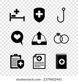 Set Hospital bed, Medical shield with cross, Fishing hook, Clipboard medical insurance, Clinical record and book icon. Vector