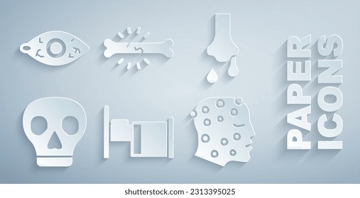 Set Hospital bed, Runny nose, Skull, Psoriasis or eczema rash, Bone pain and Reddish eye icon. Vector