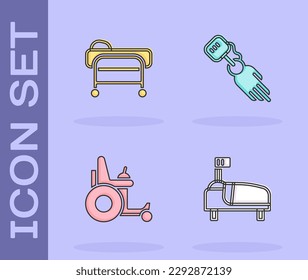 Set Hospital bed, Stretcher, Electric wheelchair and Prosthesis hand icon. Vector