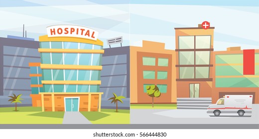 Set Hospital building cartoon modern vector illustration. Medical Clinic and city background. Emergency room exterior.