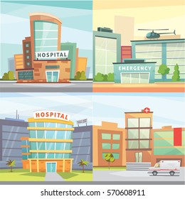 Set Hospital building cartoon modern vector illustration. Medical Clinic and city background. Emergency room exterior.