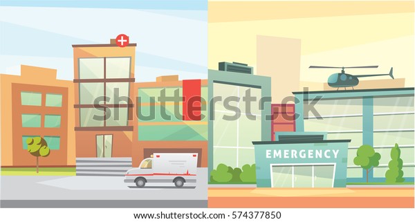 Set\
Hospital building cartoon modern vector illustration. Medical\
Clinic and city background. Emergency room\
exterior.