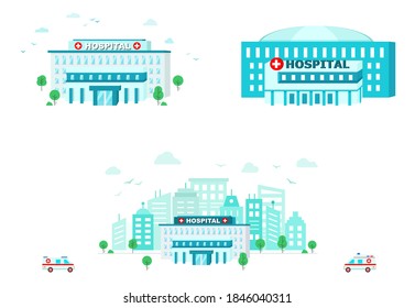 Set Hospital building different in flat style. Medical center building on the background of a big city. Vector illustration.