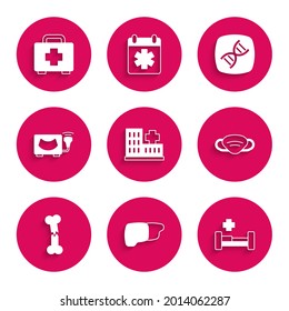 Set Hospital building, Human organ liver, bed, Medical protective mask, broken bone, Ultrasound, DNA symbol and First aid kit icon. Vector