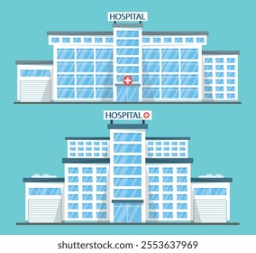 Set of hospital building icons on blue background. Medicine and healthcare concept.