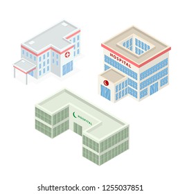 Set Of Hospital Building Isometric Vector Flat 3D Illustration