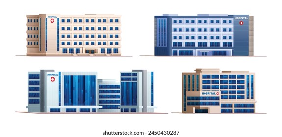 Set of hospital buildings. Vector cartoon illustration isolated on white background