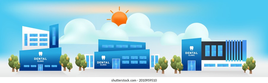 Set of hospital or clinic building with tree and sky background. Health care or medical concept. Vector illustration.