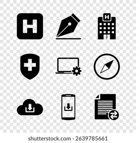 Set Hospital, Fountain pen nib, Medical hospital building, Cloud download, Smartphone with and Transfer files icon. Vector