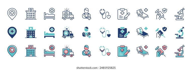 set of hospital health icon vector collection medical life patient care treatment signs illustration for web and app template design