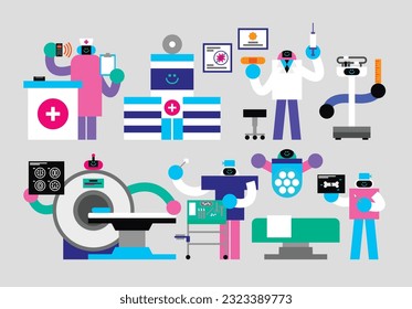 Set of Hospital Humanoids Flat Geometric Character Desig