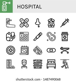 Set of hospital icons such as Ear spray, Bandage, Band aid, Nose bleeding, Nurse, Syringe, Stethoscope, Add, Scalpel, Bacteria, Medicine, Red cross, Medical appointment , hospital