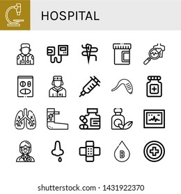 Set of hospital icons such as Microscope, Paramedic, Sphygmomanometer, Needle, Urine, Health check, Medicine, Nurse, Vaccination, Leech, Pills, Lungs, Bandage, Ecg , hospital
