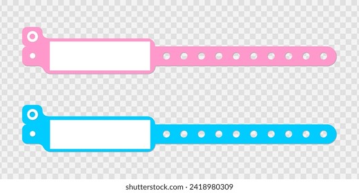 Juego de pulseras de identificación hospitalaria para recién nacidos. Colección de maquetas de pulsera médicas con etiquetas en blanco para la información del paciente. Bandas de identificación de bebé y niño. Ilustración del vector