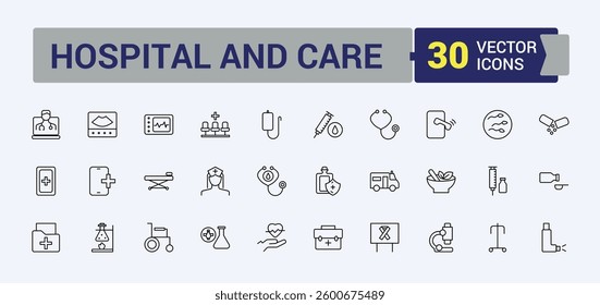 Set of Hospital line icon. Includes symbols for healthcare, health, pharmacy, clinic, medical and more. Icons for UI design. Hospital equipment icon collection. Editable vector art and illustration.
