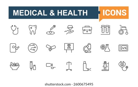 Set of Hospital line icon. Includes symbols for healthcare, health, pharmacy, clinic, medical and more. Icons for UI design. Hospital equipment icon collection. Editable vector art and illustration.