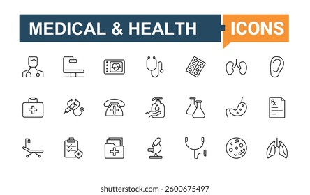 Set of Hospital line icon. Includes symbols for healthcare, health, pharmacy, clinic, medical and more. Icons for UI design. Hospital equipment icon collection. Editable vector art and illustration.