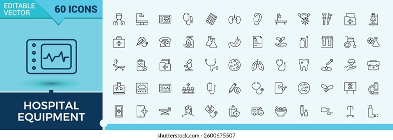 Set of Hospital line icon. Includes symbols for healthcare, health, pharmacy, clinic, medical and more. Icons for UI design. Hospital equipment icon collection. Editable vector art and illustration.