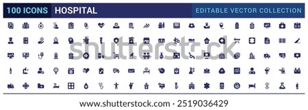 Set of hospital and medical icons. Solid symbol collection. Filled icon set, glyph for web and ui. Editable stroke. Solid icon set. Vector illustration.