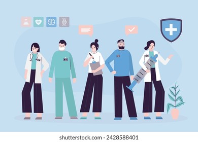 Set of hospital medical staff. Doctors in medical white coat with stethoscope and tools. Surgeon characters in uniform, nurse clinic, doctor profession. Cartoon flat vector illustration