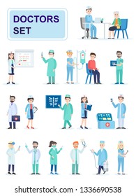 Set of hospital medical staff standing together. Male and female medicine workers doctors, paramedics, nurses. Cartoon characters isolated on white background. Flat vector illustration.