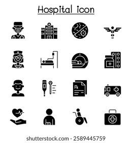 Set of Hospital related vector line icons. contains such Icons as doctor, nurse, healthcare, virus, prescription, patient, mri scaner, medicine, ambulance, wheelchair, hospital building, and more.