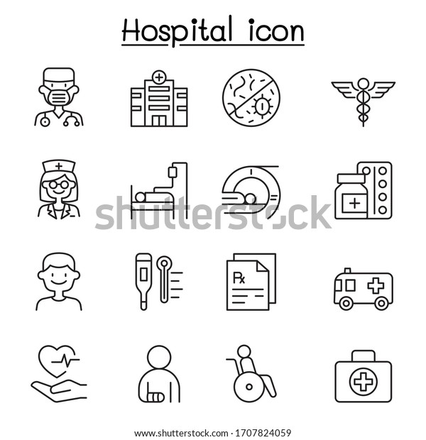 Set of Hospital related vector line icons.\
contains such Icons as doctor, nurse, healthcare, virus,\
prescription, patient, mri scaner, medicine, ambulance, wheelchair,\
hospital building, and\
more.\
\
