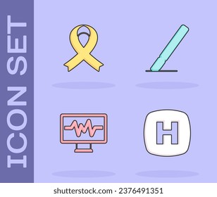 Set Hospital signboard, Awareness ribbon, Monitor with cardiogram and Surgery scalpel icon. Vector