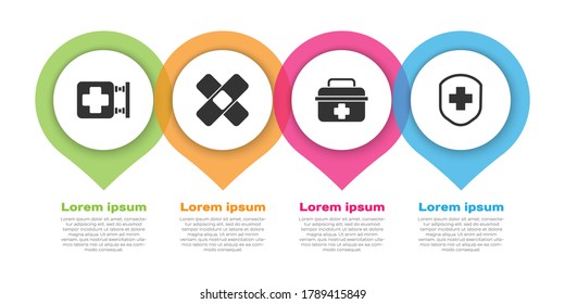 Set Hospital signboard, Crossed bandage plaster, First aid kit and Medical shield with cross. Business infographic template. Vector