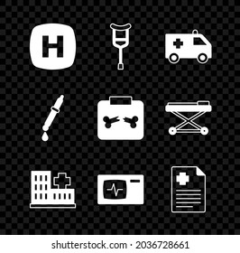 Set Hospital signboard, Crutch or crutches, Ambulance car, building, Monitor with cardiogram, Patient record, Pipette and X-ray shots broken bone icon. Vector
