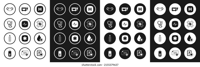 Set Hospital signboard, Heart rate, Stethoscope, Medical protective mask, Crossed bandage plaster, Ultrasound, Donate drop blood and thermometer icon. Vector