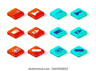 Set Hospital signboard, Medicine pill or tablet, bottle, Bottle of medicine syrup, Test tube and flask and Crutch crutches icon. Vector
