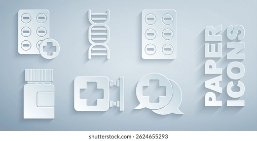 Set Hospital signboard, Pills in blister pack, Medicine bottle, Dialogue with the doctor, DNA symbol and  icon. Vector