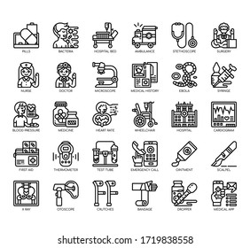 Set of hospital thin line and pixel perfect icons for any web and app project. 
