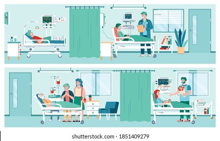 Conjunto de interiores hospitalarios con personajes de dibujos animados de pacientes, médicos y familiares, ilustración plana vectorial. Carteles sobre el tema de las estancias en hospitales y la atención médica.