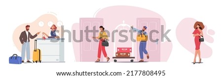 Set Hospitality, Characters Arriving to Hotel. Businessman at Reception Take Keys from Room at Clerk Desk. Lobby Staff Meeting Guests. Bellboy Carry Woman Luggage. Cartoon People Vector Illustration 商業照片 © 